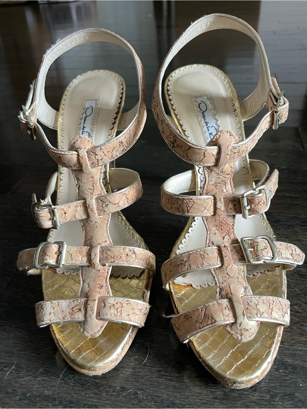 Oscar de la Renta Cork & Gold Strappy Sandal Heels | EU 36.5 / US 6.5